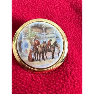 Vintage Equestrian Limoge Style Gold-tone Lapel Pin Brooch